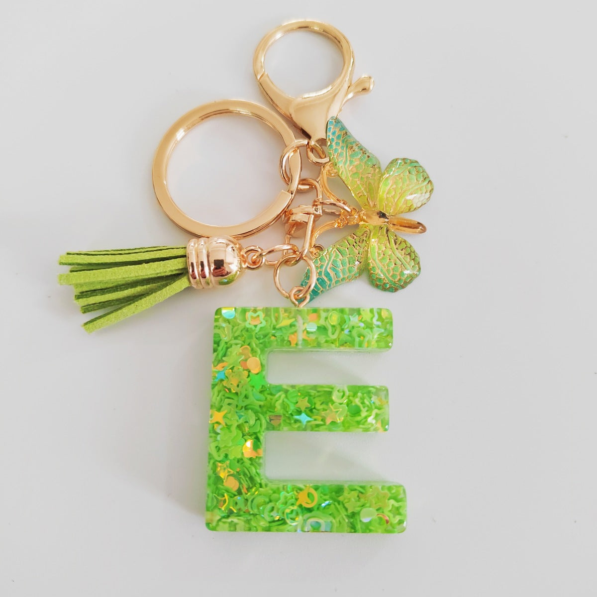 Wholesale 26 English Alphabet Keychain Pendant Green Star Glitter Resin Pendant  Key Chain