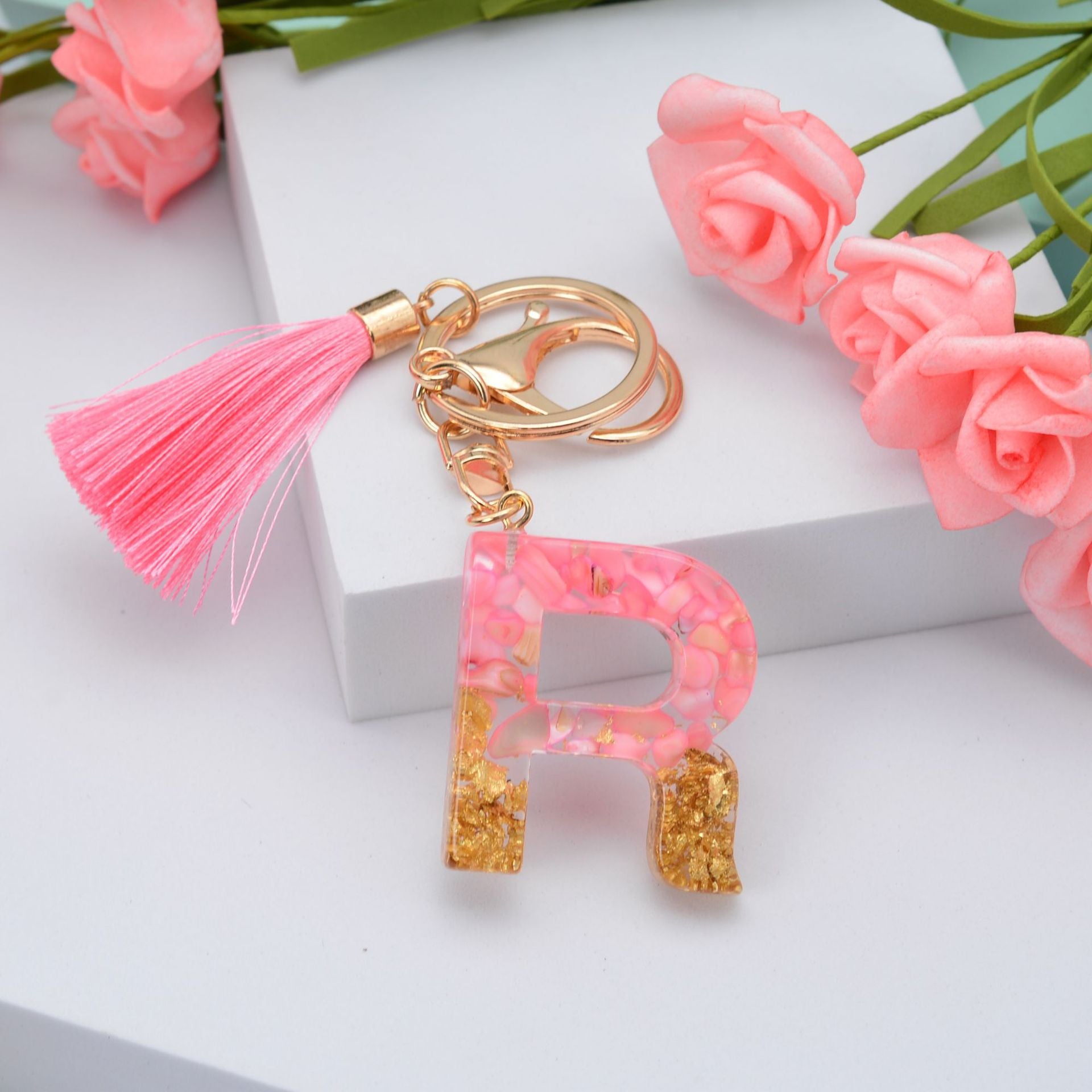 Wholesale Pink Tassel 26 Letter Crystal Resin Keychain