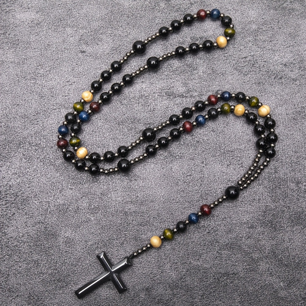 Wholesale Wooden Beads Black Gallstone Cross Religious Long Rosary Necklace