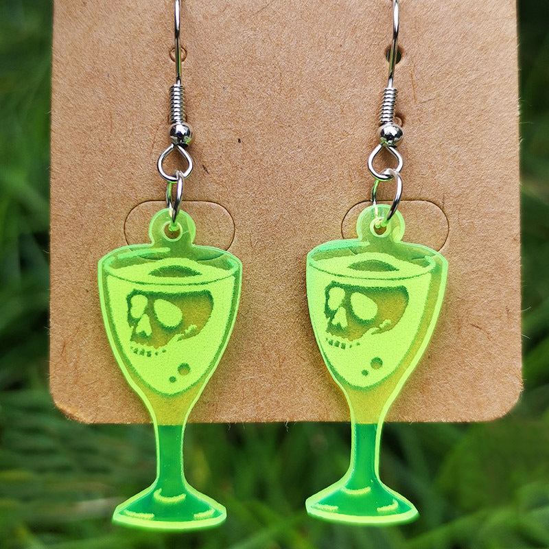 Wholesale 2pairs/pack Acrylic Halloween Wine Glass Skeleton Cat Fluorescent Green Earrings