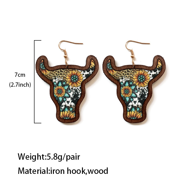 Wholesale Western Bull Head Inlaid Vintage Wood Earrings
