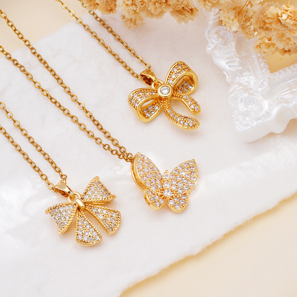 Wholesale Copper Inlaid Zircon Bow Pendant Luxury Versatile Stainless Steel Clavicle Necklace Jewelry