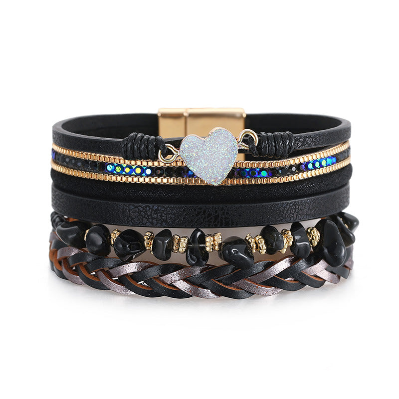 Wholesale Love Retro Hand-woven Leather Multi-layer Diamond-encrusted Ethnic Style Gravel Bracelet