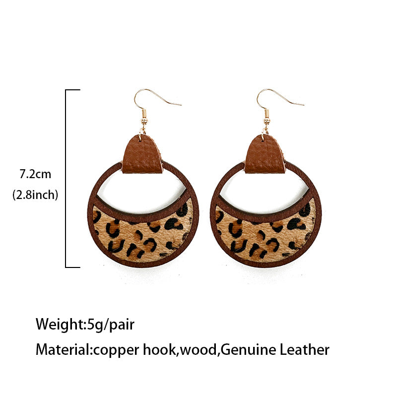 Wholesale Western Leather Circular Geometric Hollow Inlaid with Leopard Print Classic Exaggerated Earrings