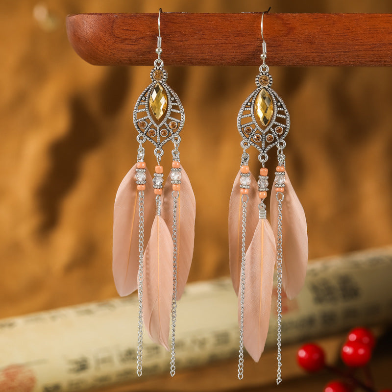 Wholesale Waterdrop Feather Retro Dot Diamond Chain Small Fresh Earrings