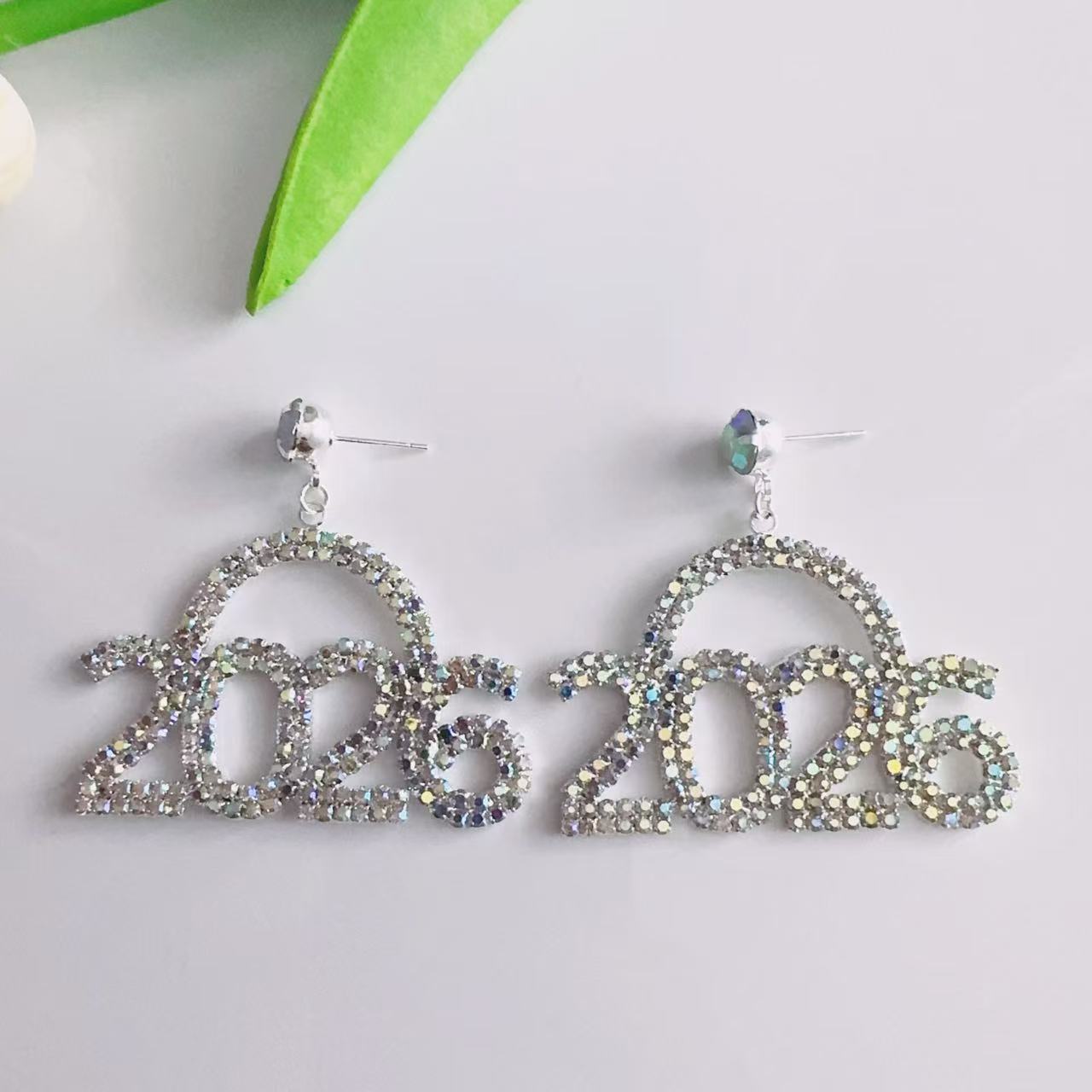 Wholesale Diamond Number 2026 Arched Geometric Blingbling Earrings