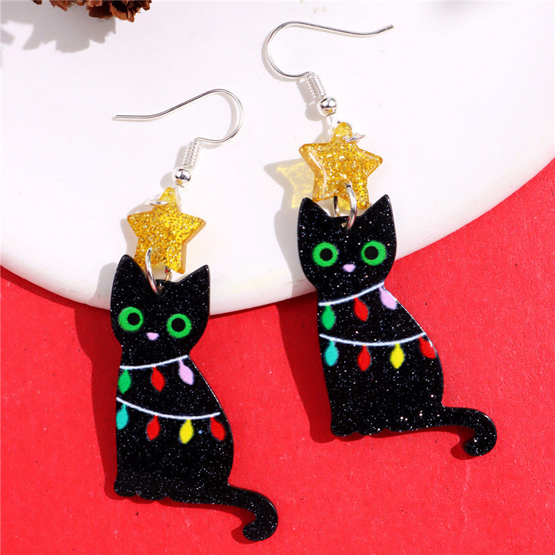Wholesale Christmas Lantern Black Cat Bell Acrylic Pendant Earrings