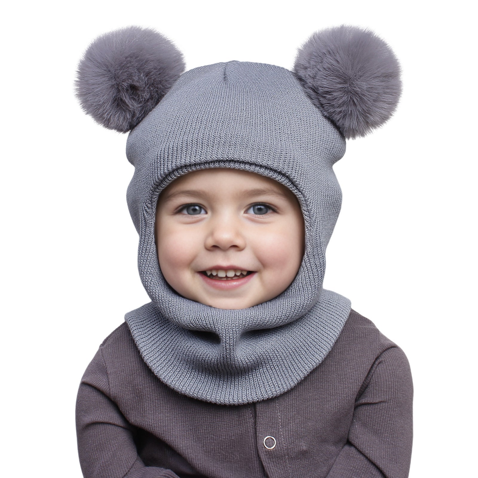 Wholesale Autumn and Winter Pullover Children's Double Ball Ear Protection One-piece Solid Color Cute Wool Knitted Hat