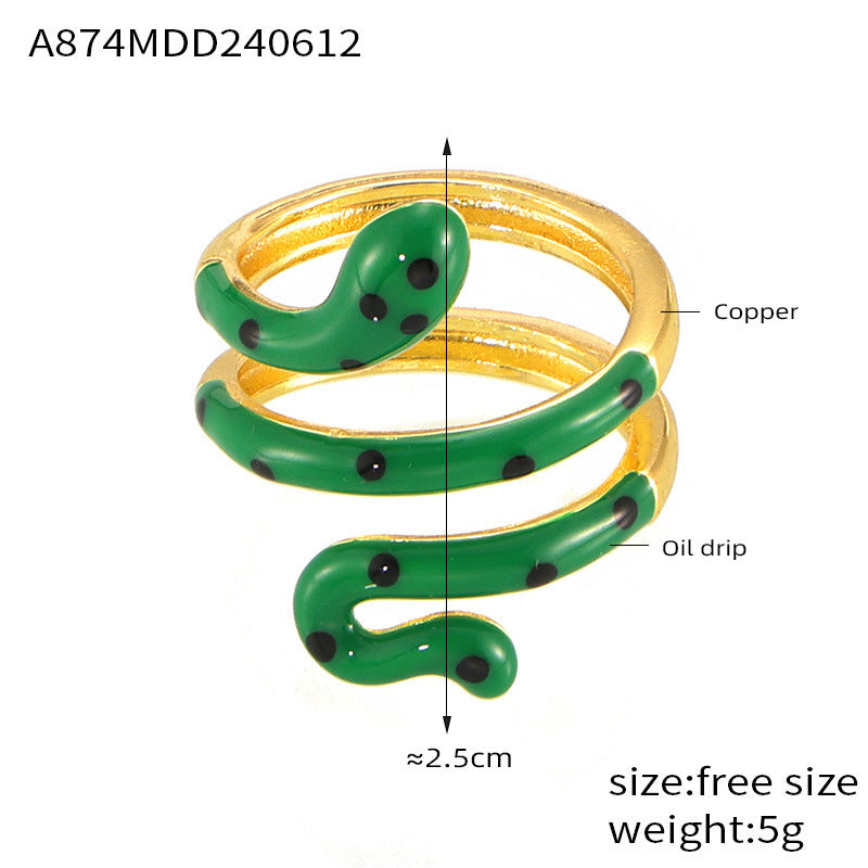 Wholesale Bohemian style color oil drop snake copper ring ins sweet cool hot girl open finger ring color retention in stock supply