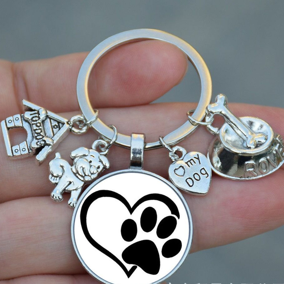 Wholesale 5pcs Dog Bowl Love My Dog Time Gemstone Keychain Pet Lover Key