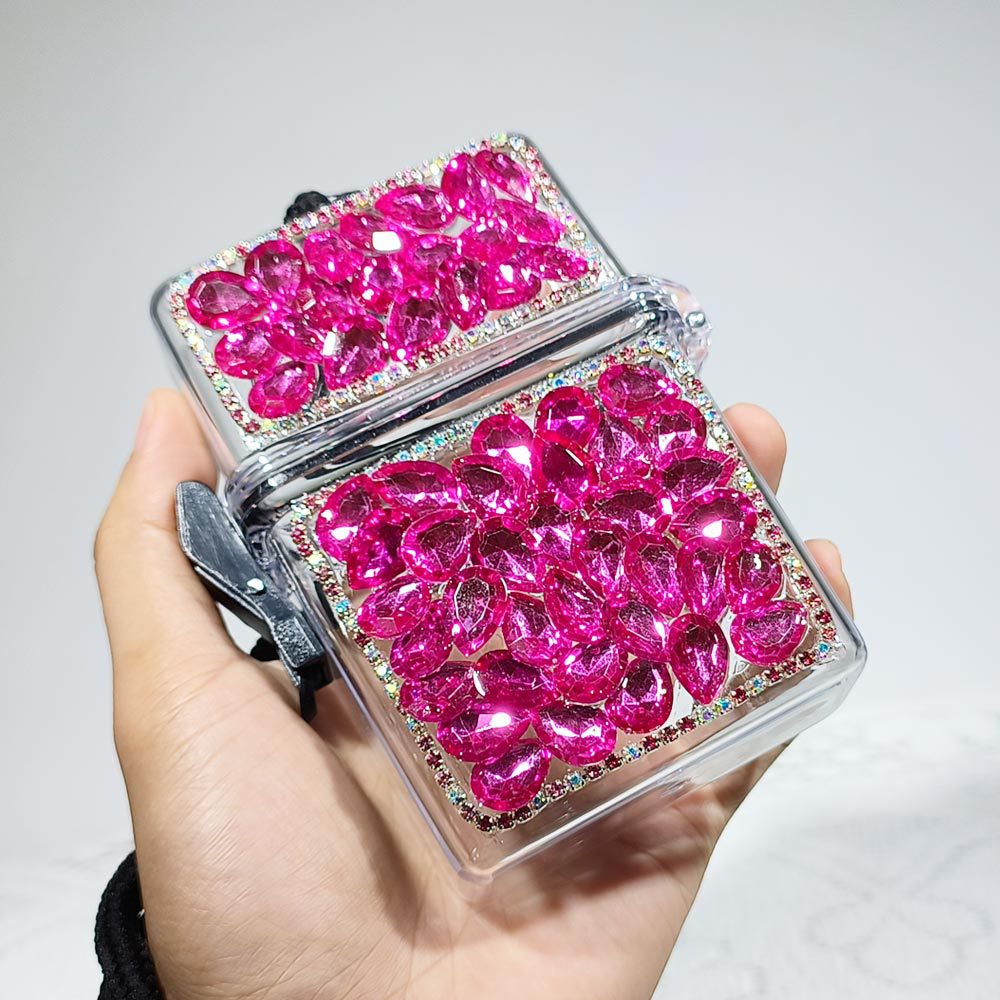 Wholesale Women's Transparent Waterproof Cigarette Box with Hanging Rope and Diamond Inlay