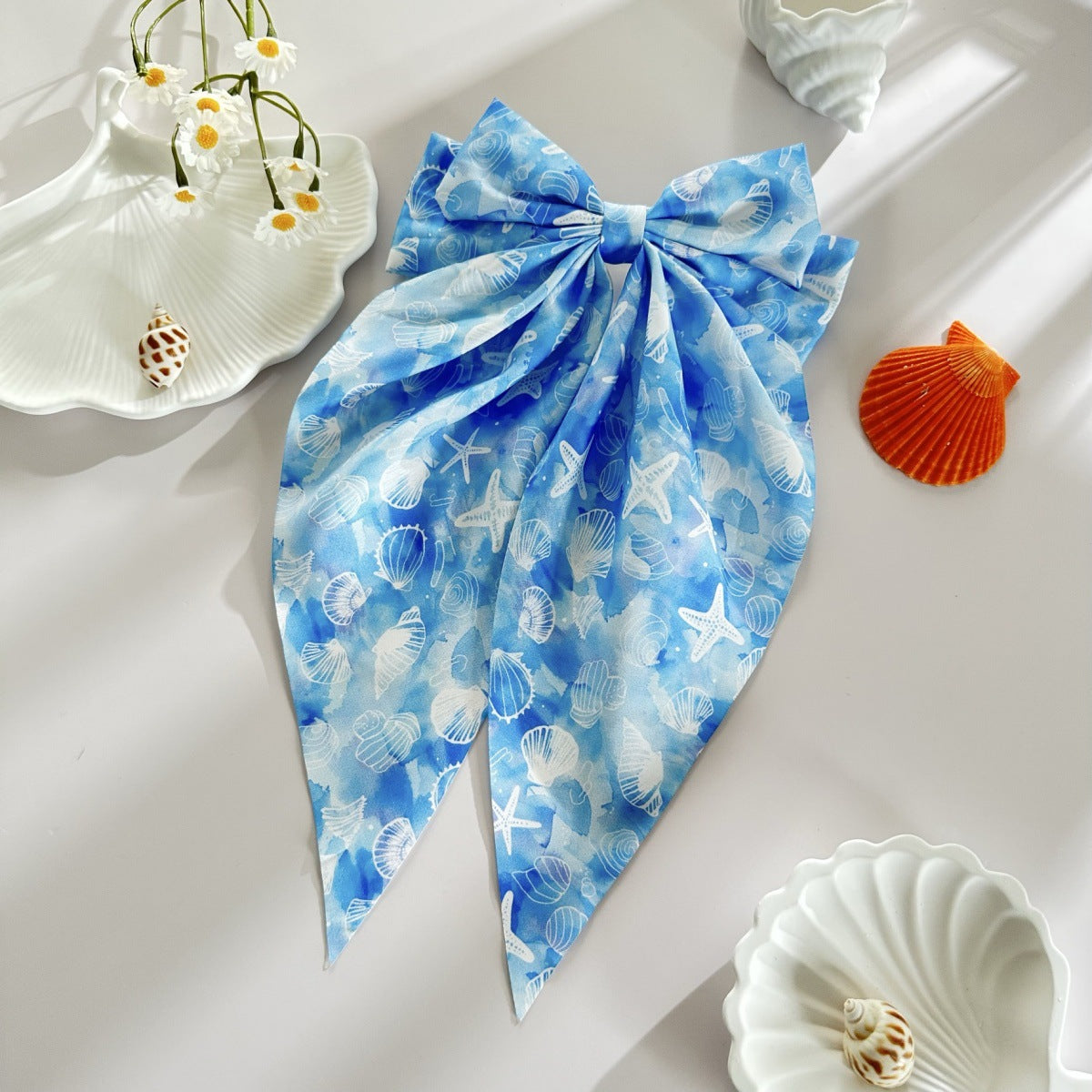 Wholesale Summer beach hair clip with starfish and seashell print  long ribbon bow