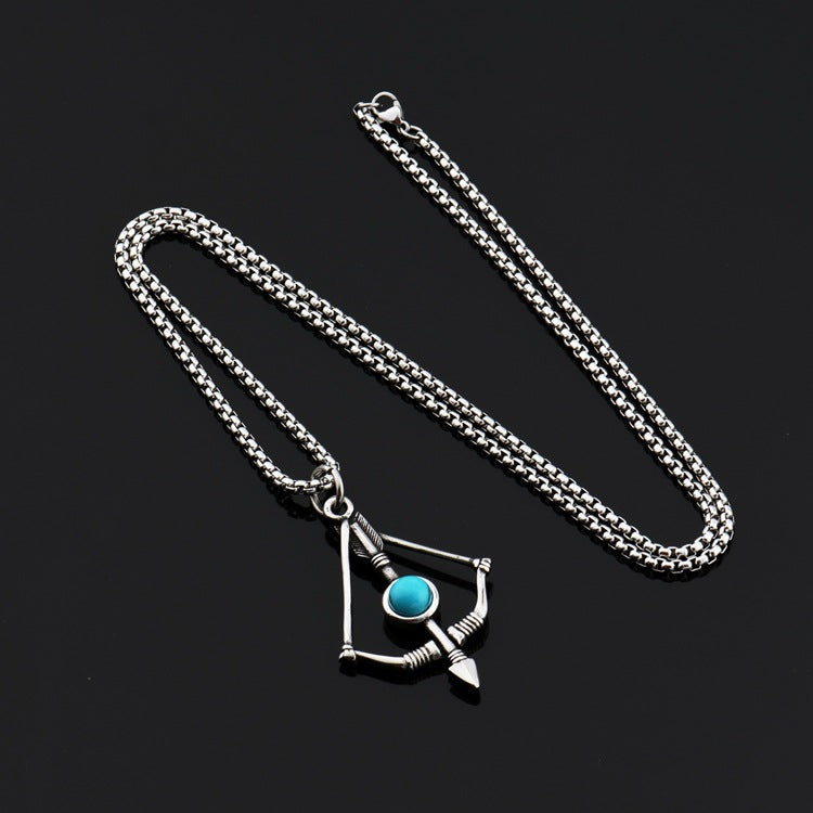 Wholesale Titanium Steel Turquoise Bow And Arrow Pendant Necklace Unisex Hip Hop Fashion Jewelry Gift