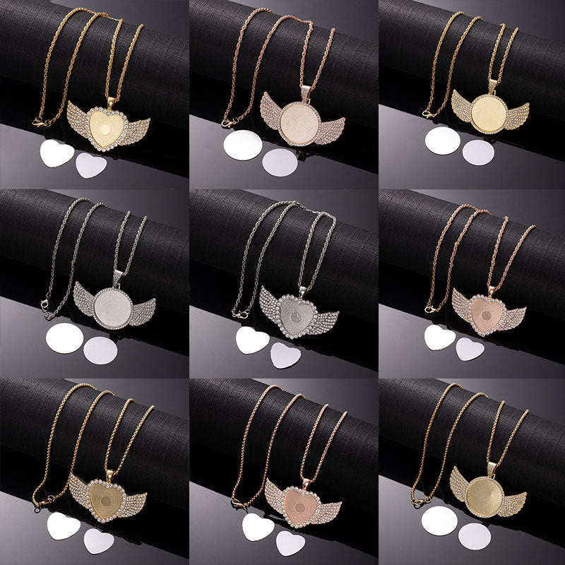 Wholesale Sublimation necklace angel wings necklace heart full diamond clavicle necklace