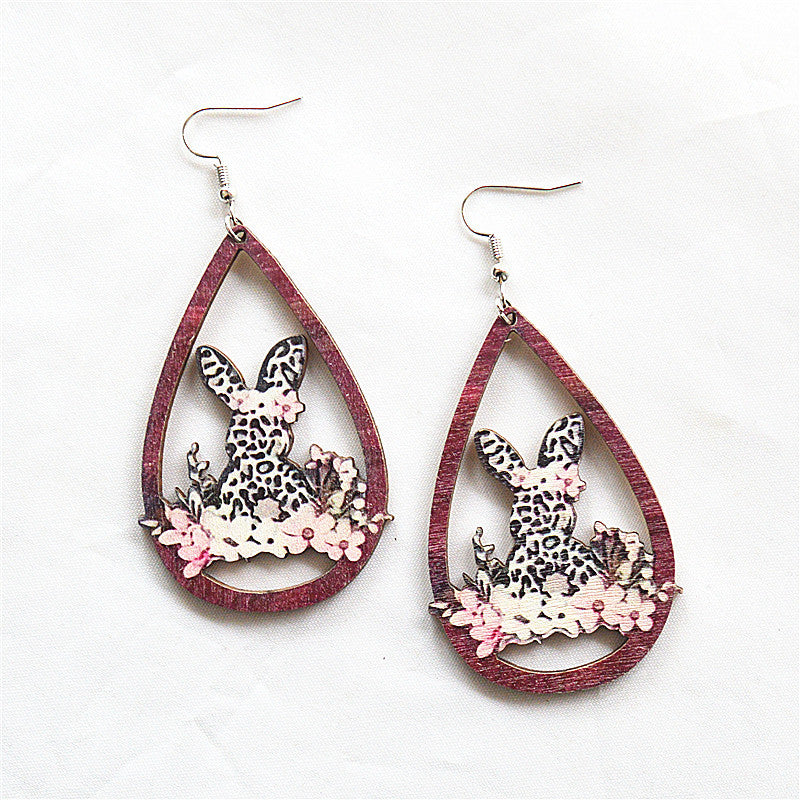 Wholesale Water droplet hollow leopard print Easter wooden earrings