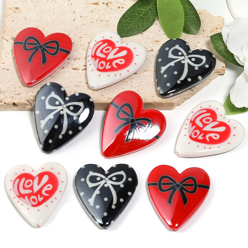 Wholesale 10pcs Acrylic Polka Dot Bow with Large Heart-shaped Letter Printed Beads DIY Loose Beads