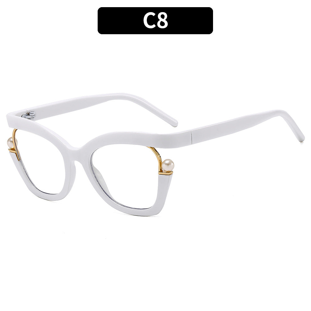 Wholesale PC Anti Blue Light Pearl Decorative Eyeglass Frames with Flat Lenses