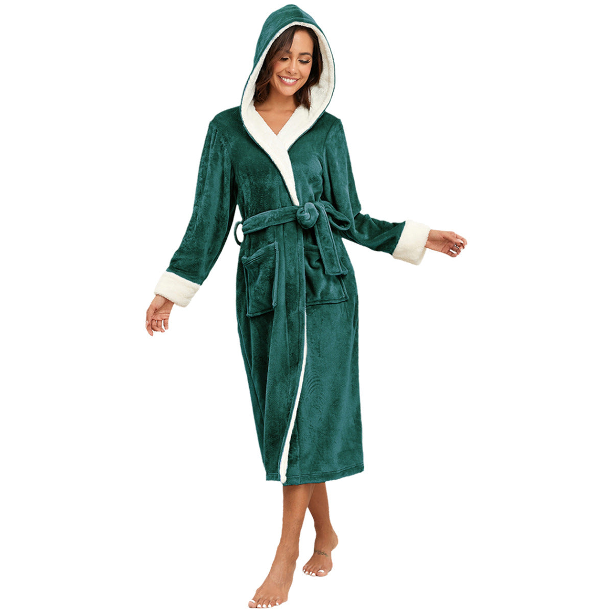 Wholesale Flannel Color Hooded Autumn and Winter Long Bathrobe Couple Pajamas