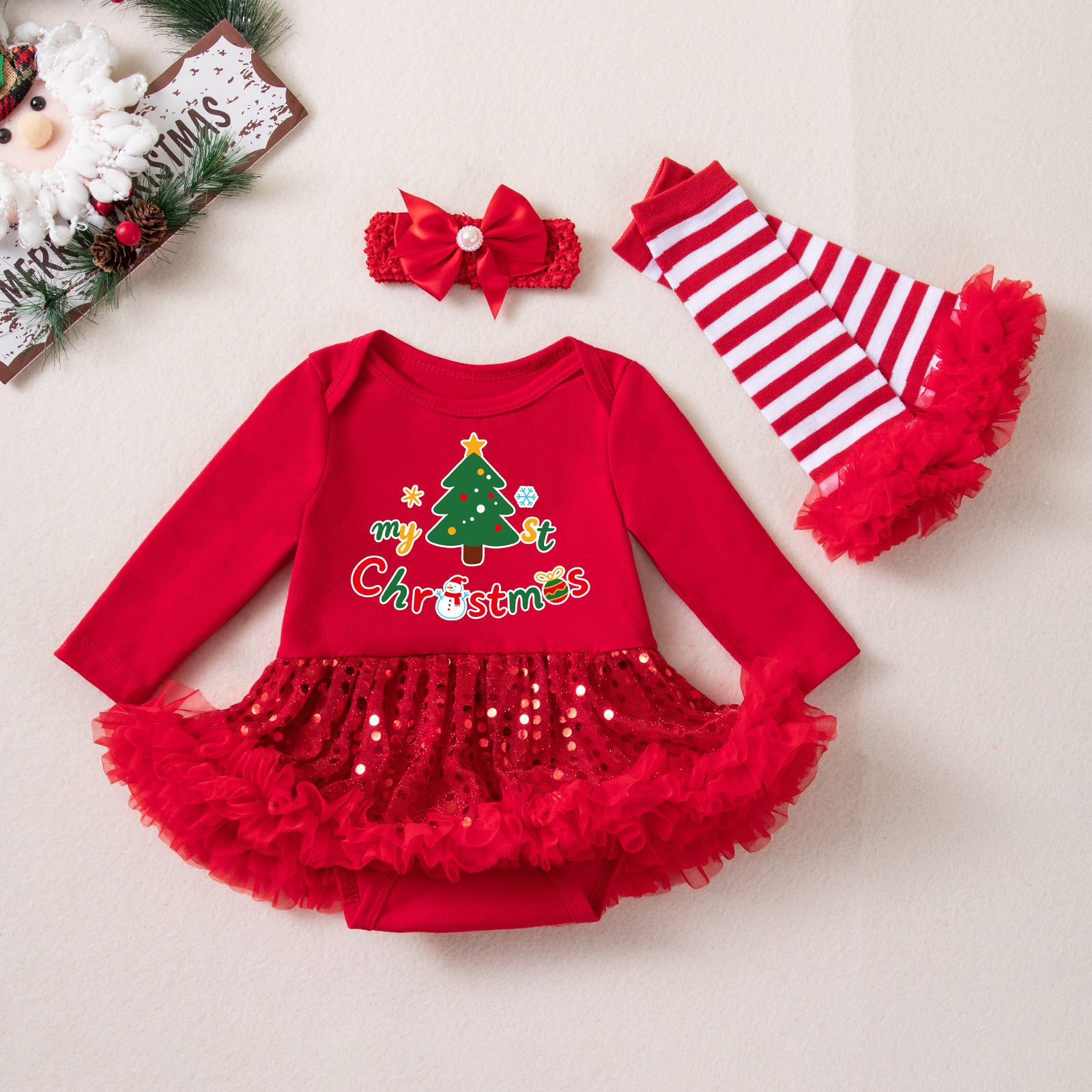 Wholesale Red Long Sleeve Sequin Tulle Baby Girl Christmas Dress Set With Hairband Leg Warmers Boutique Holiday Outfit