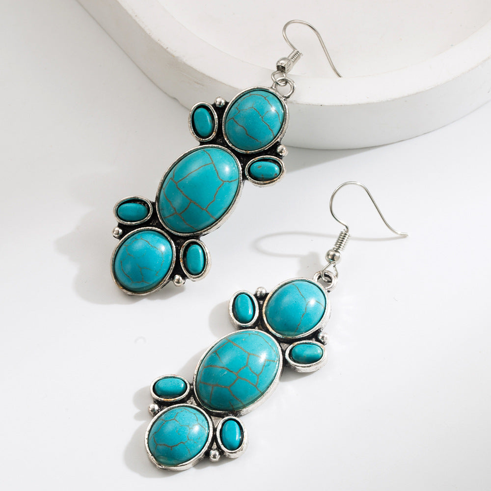 Wholesale Ethnic retro diamond turquoise geometric pendant earrings