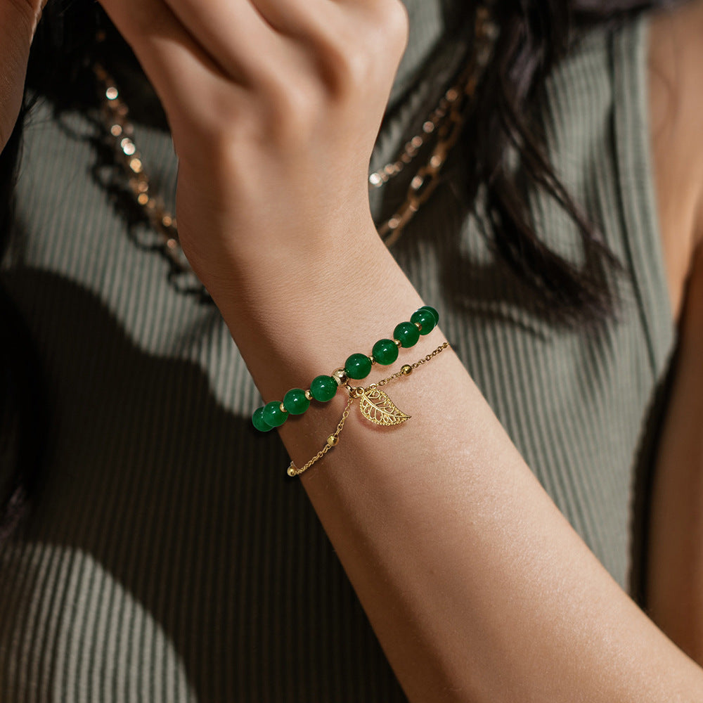 Wholesale Chalcedony Beads Leaves Pendant Alloy Double Layer Regulating Bracelet