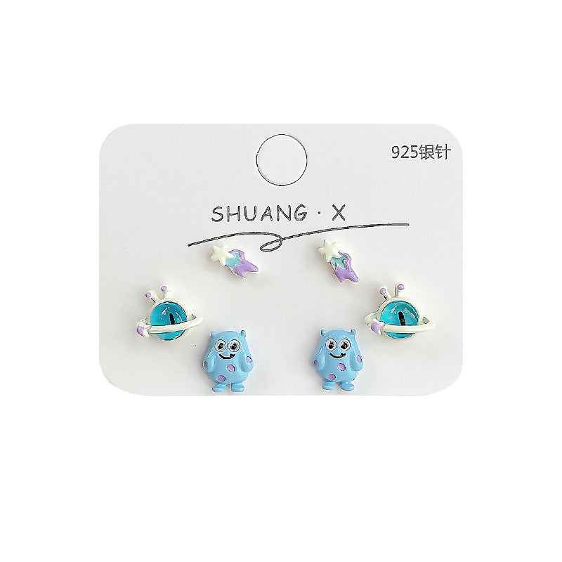 Wholesale Silver Needle Blue Little Monster Stud Earrings Set Cartoon Opal