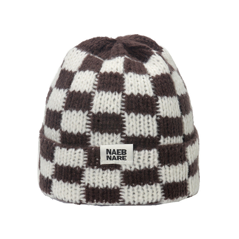 Wholesale Popular Niche Large Head Circumference Wool Thick Warm Checkerboard Plaid Knitted Hat