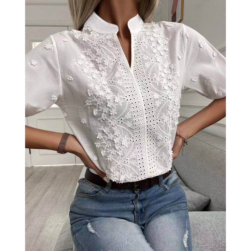 Wholesale New Summer Fashion Stand-up Collar Embroidered Openwork Air Quality Clothes