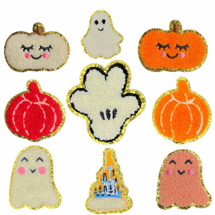 Wholesale Christmas  Gold Edge Chenille Embroidered Patches Self Adhesive Clothing Accessory For Coats Party Craft Supply