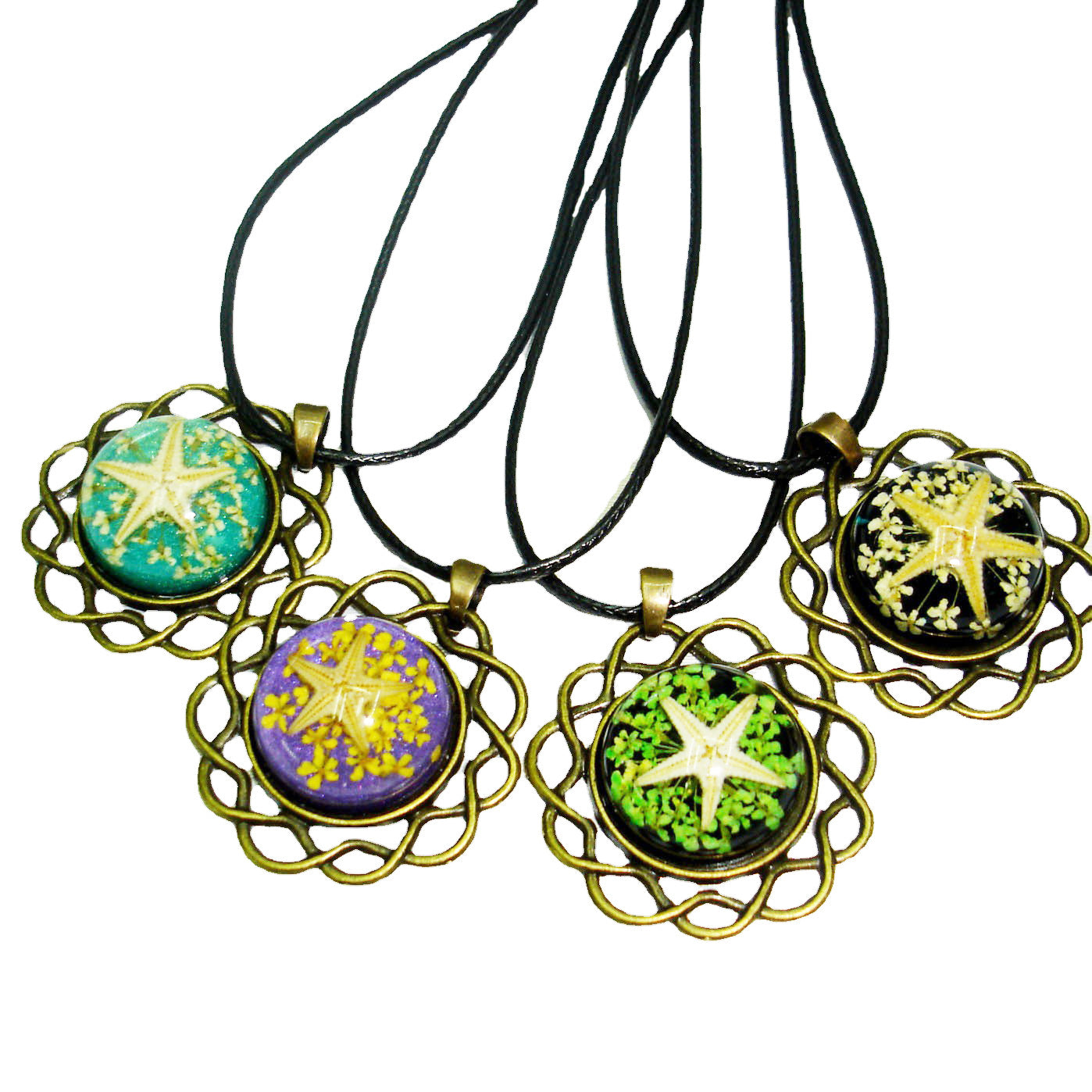 Wholesale 6pcs Real Flower Starfish Retro Ethnic Style Resin Dripping Dried Flower Necklace
