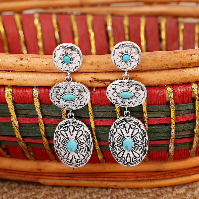 Wholesale retro Western wind turquoise oval earrings personality exaggerated earrings
