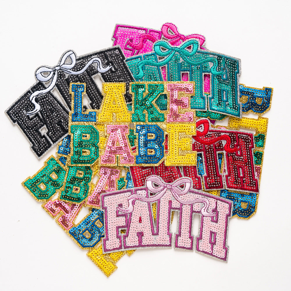 Wholesale Rayon Polyester Sequined Letter Patch Pink With Gold Silver Trim Stylish Decorative Embroidered Applique For Bags Coats Hats Resale