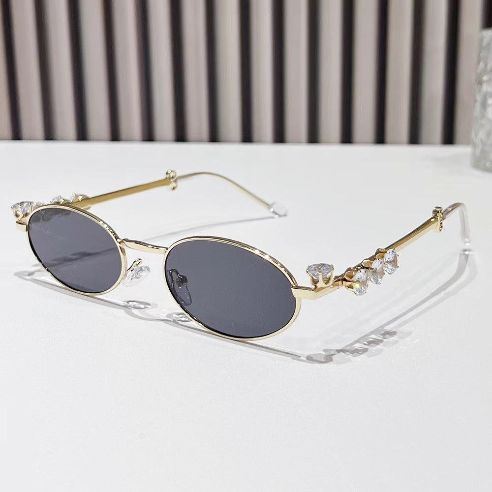 Wholesale Metal diamond oval small frame glasses resin anti-blue light glasses rhinestones plain y2k sunglasses