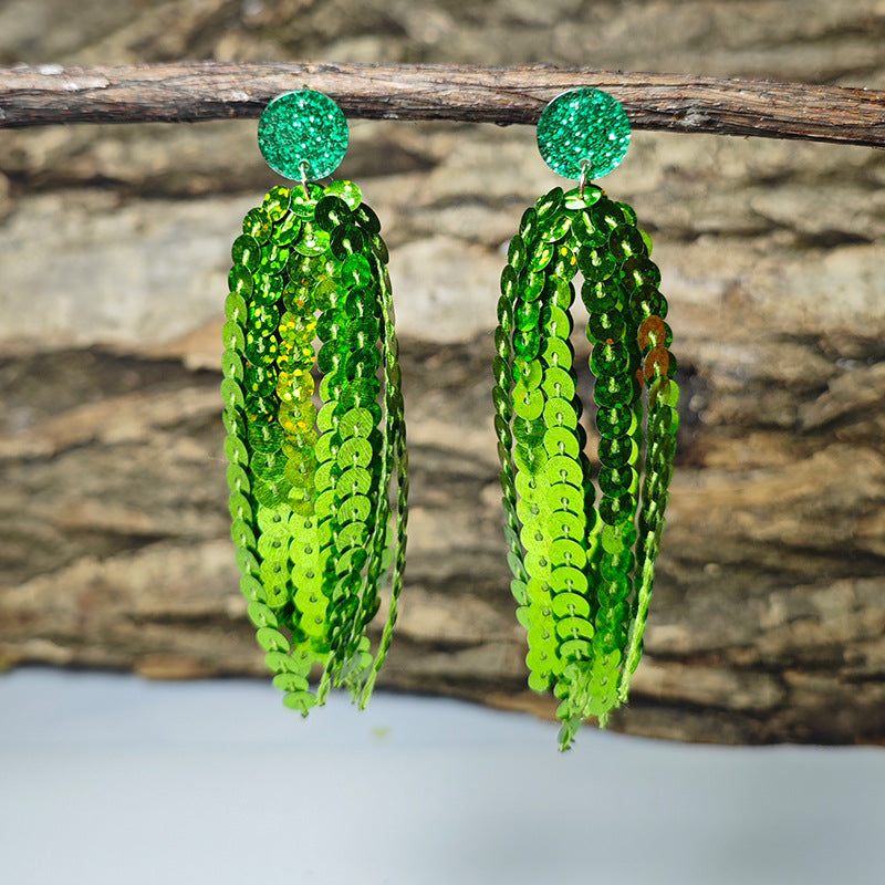 Wholesale Shiny Laser Green Sequin Round Tassel San Patrick Atmosphere Earrings
