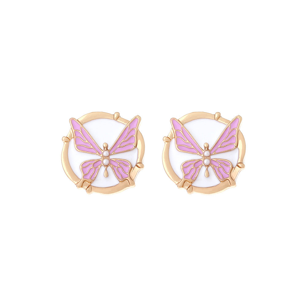 Wholesale Purple Oil Dropping Butterfly Alloy Earrings