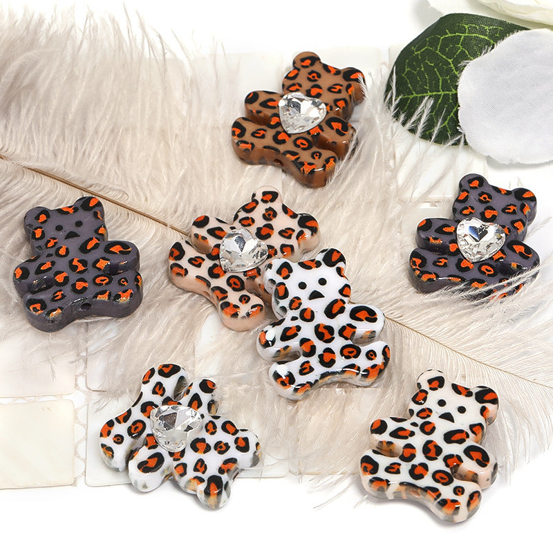 Wholesale 20pcs Autumn and Winter Leopard Print Hug Bear Acrylic Heart Sticker Diamond Teddy Bear DIY Beads