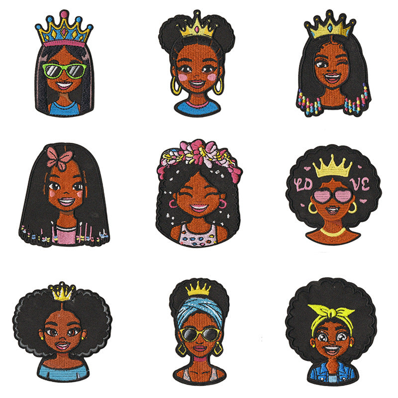 Wholesale Trendy Cartoon Black Girl Embroidered Patch Set Of 9 No Sew Adhesive Applique For Towels Clothing Bags DIY Craft Accessory