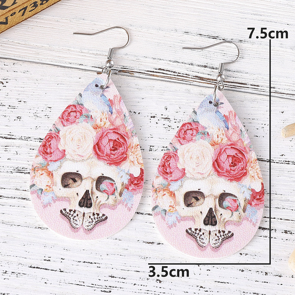 Wholesale Pink Rose Flower Butterfly Skull Earrings Double Sided PU Leather Water Drop Earrings