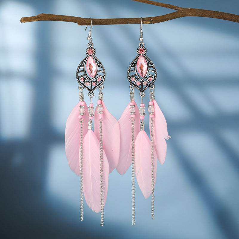 Wholesale Waterdrop Feather Retro Dot Diamond Chain Small Fresh Earrings