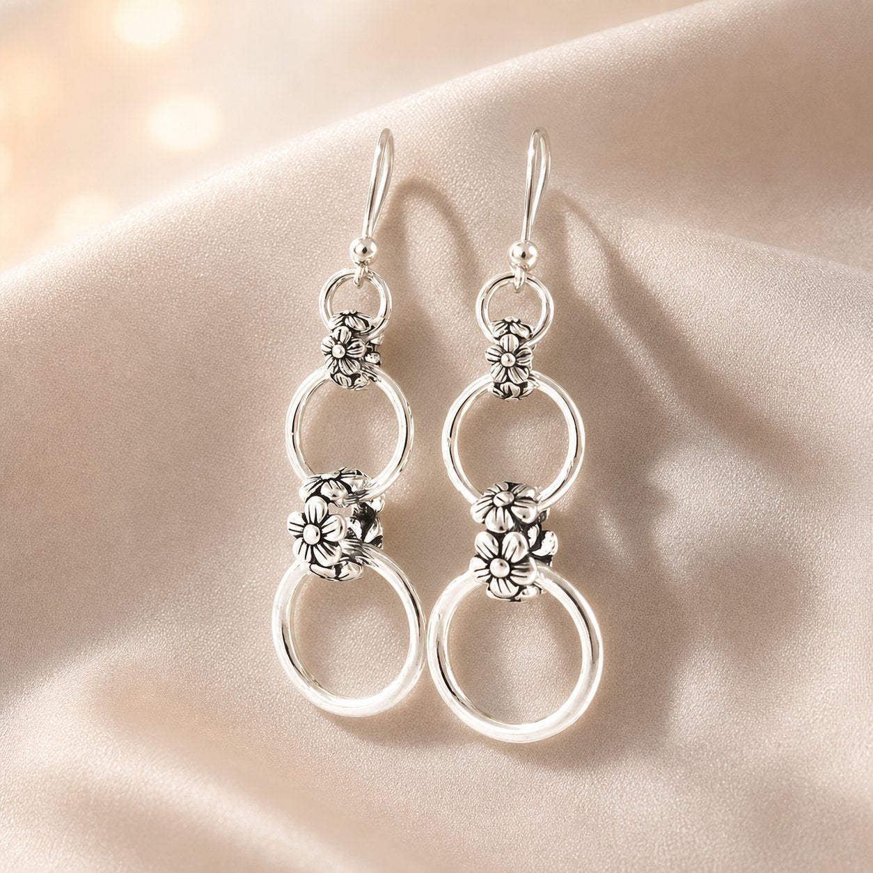 Wholesale Silver Tone Ethnic Flower Hoop Dangle Earrings With Double Chain Long Fashion Jewelry For Everyday Wear