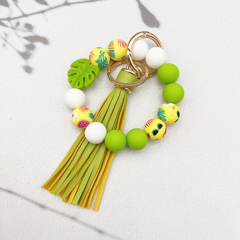 Wholesale leaf silicone printing silicone beaded tassel Wrist keychain