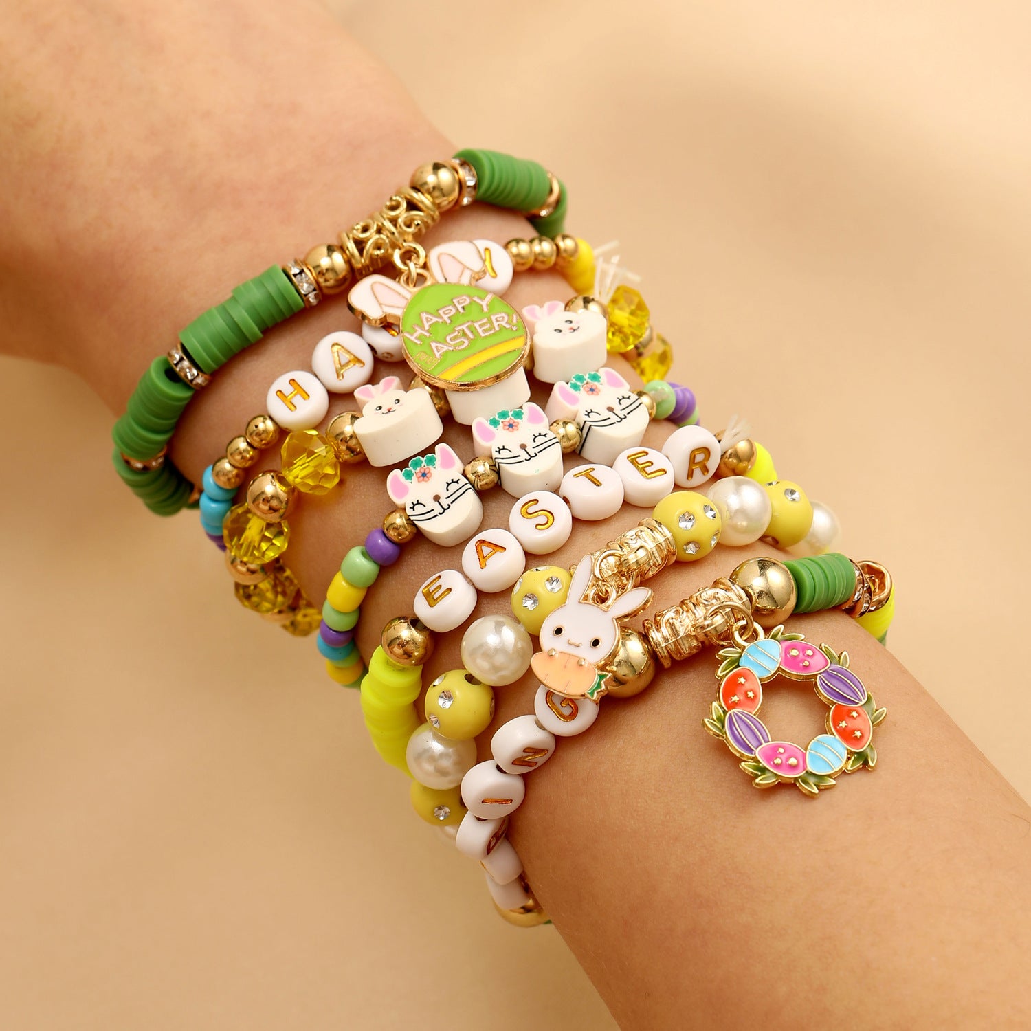 Wholesale Easter Rabbit Love Color Soft Ceramic Elastic Bracelet