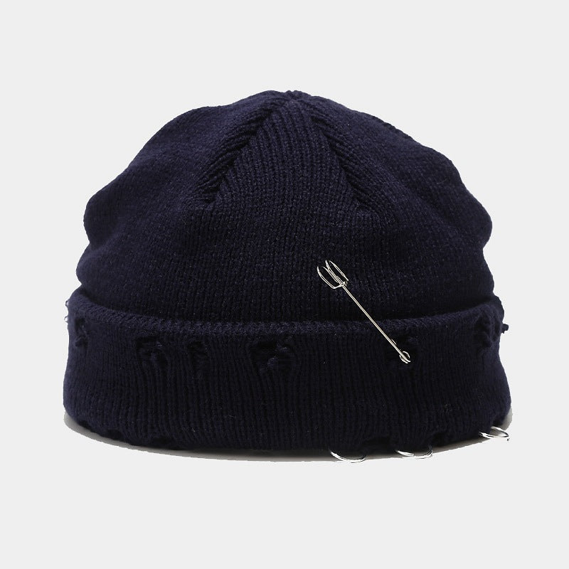 Wholesale Hoop Pin Ripped Wool Knitted Hat
