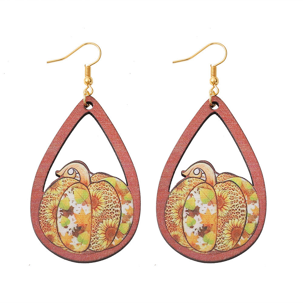 Thanksgiving Leopard Print Pumpkin Wooden Double-Sided Teardrop Earrings
