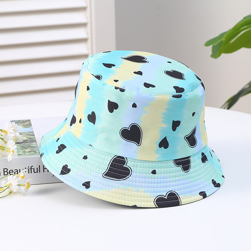 Hearting Heart Printing Tie Dye Color Block Polyester Sun Bucket Sombrero de cubo de Sunshade