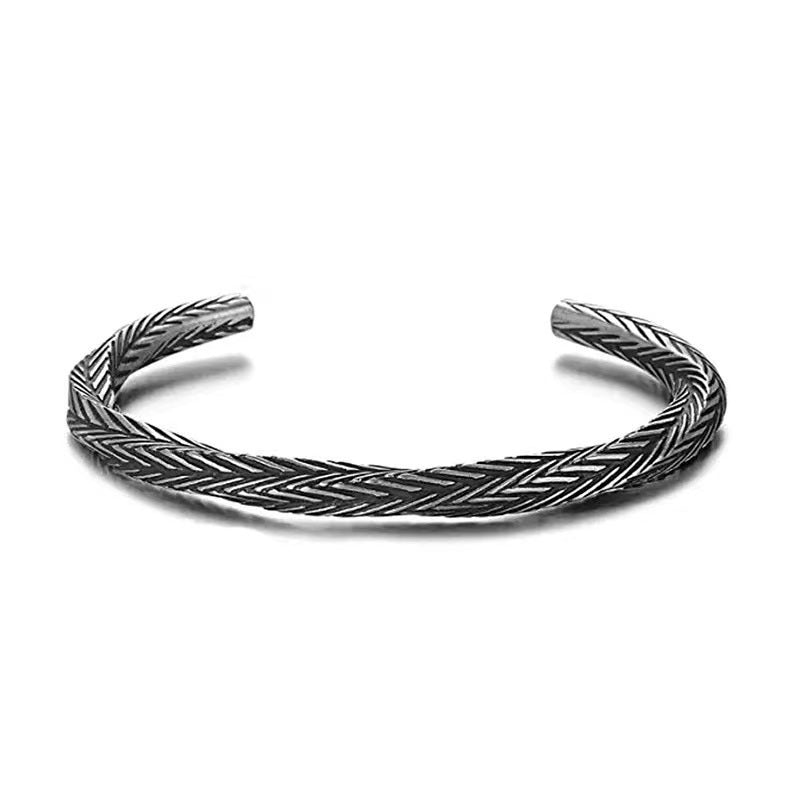 Wholesale Retro Woven Twist Open Cuff Men S Bracelet Geometric Design Silver Tone Jewelry Accessory Trendy Boutique Resale Gift