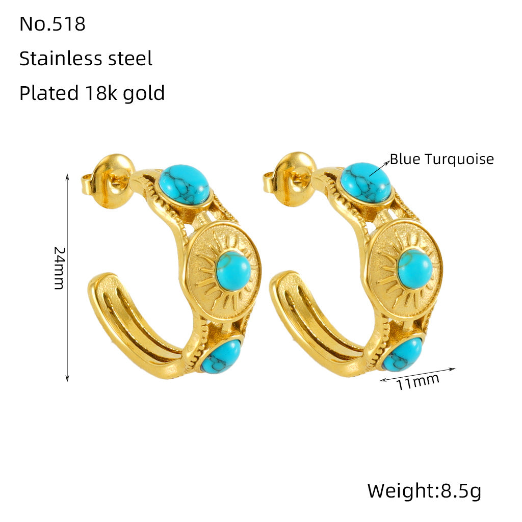 Wholesale Retro Fashion Temperament Versatile Design Texture Light Luxury Inlaid Blue Turquoise Earrings
