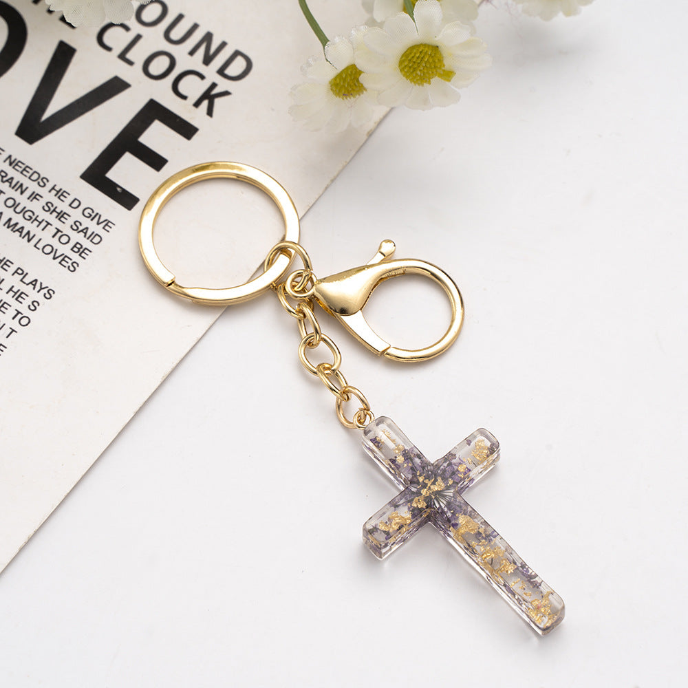 Wholesale Handmade Glue Real Flowers Creative Cross Keychain