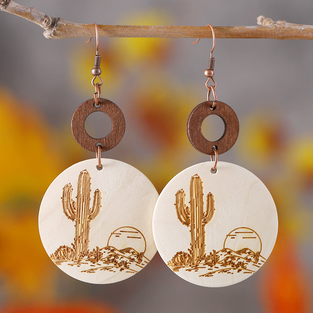 Wholesale Bohemian Western Style Cactus Sun Aztec Pattern Wooden Laser Disc Stitching Earrings