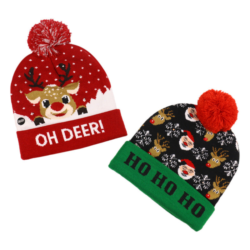 Wholesale Christmas Snowman Elk Christmas Tree Hair Ball Knitted Hat LED Colorful Dazzling Light Woolen Hat
